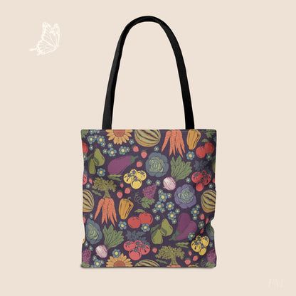 Farmers Market Bloom & Harvest Midnight Blue Day Tote with hand drawn artwork - Flourish Moon Studio