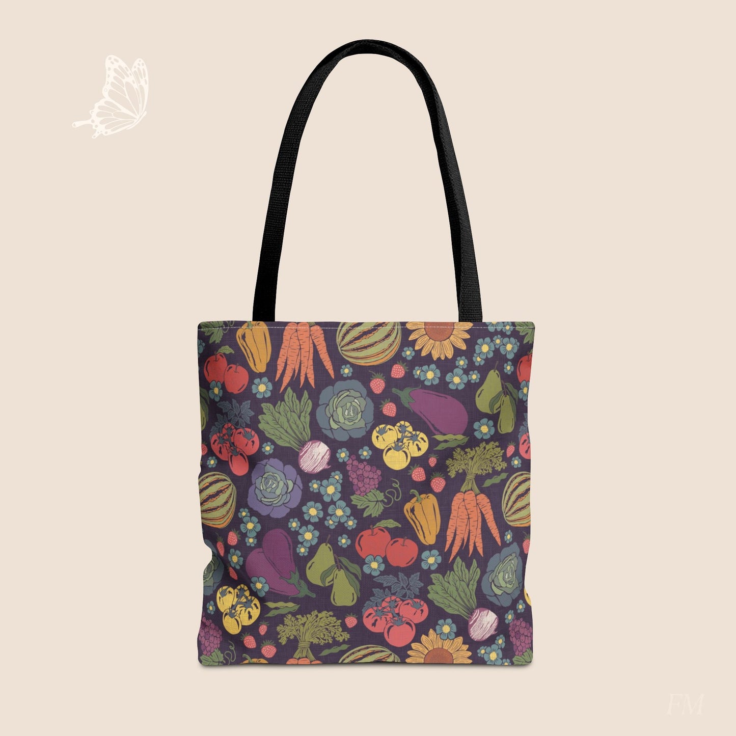 Farmers Market Bloom & Harvest Midnight Blue Day Tote with hand drawn artwork - Flourish Moon Studio