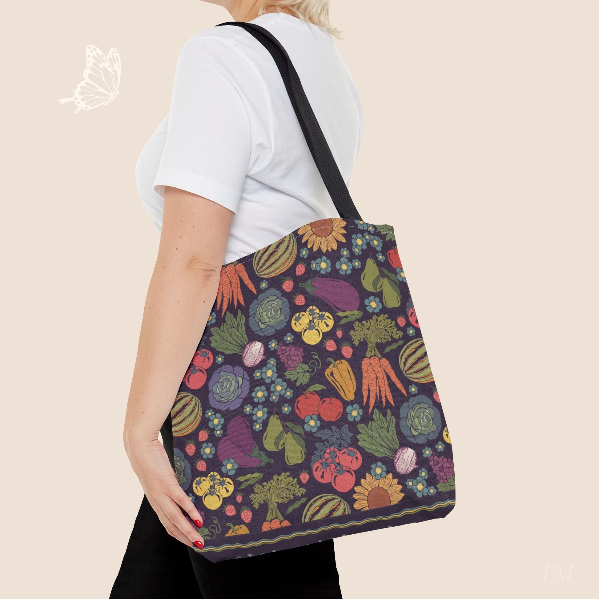 Farmers Market Bloom & Harvest Midnight Blue Day Tote with hand drawn artwork - Flourish Moon Studio