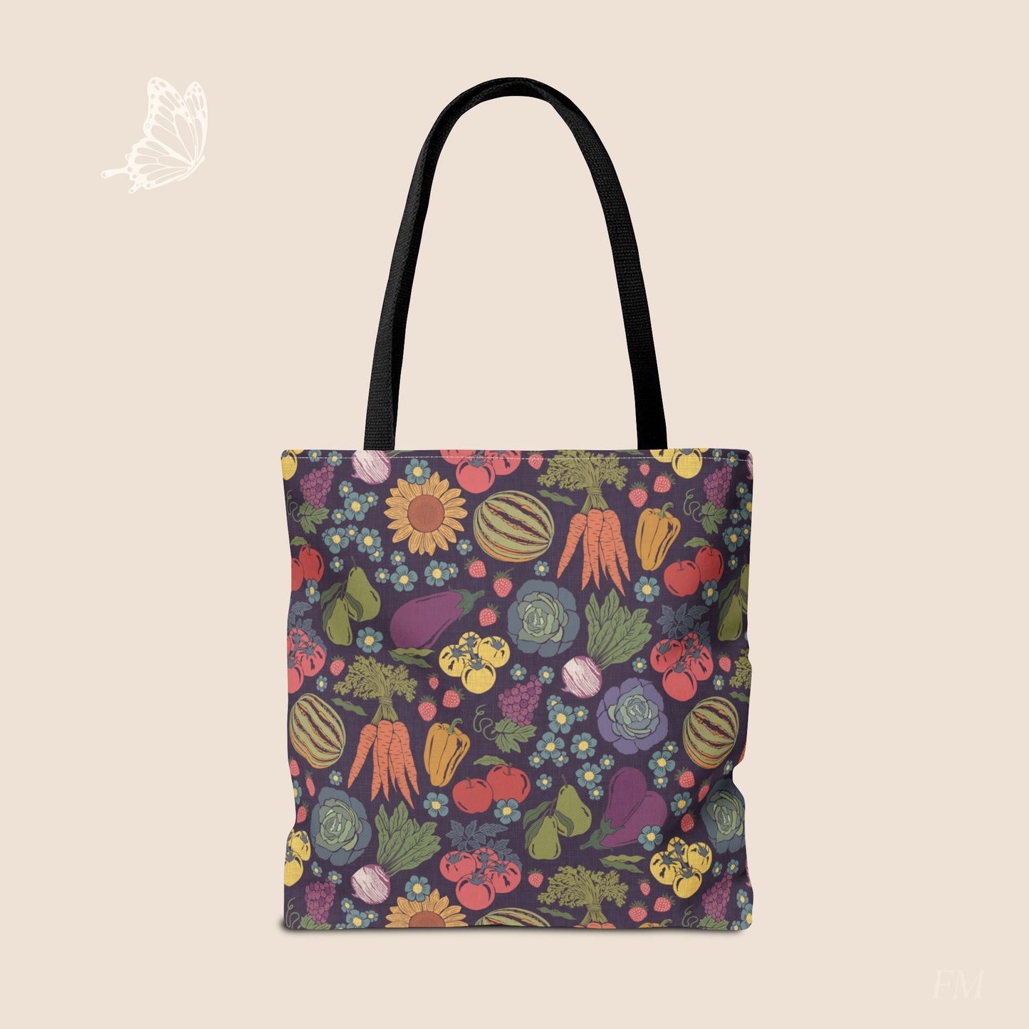 Farmers Market Bloom & Harvest Midnight Blue Day Tote with hand drawn artwork - Flourish Moon Studio