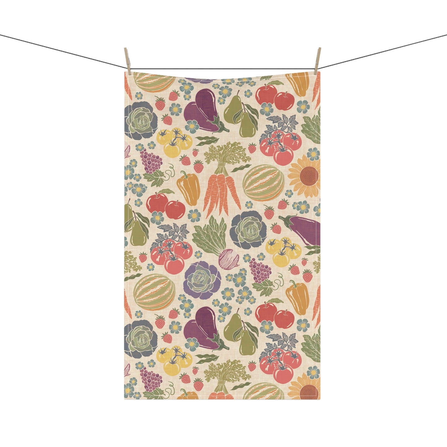 Farmers Market Bloom & Harvest Tea Towel with hand drawn artwork - Flourish Moon Studio