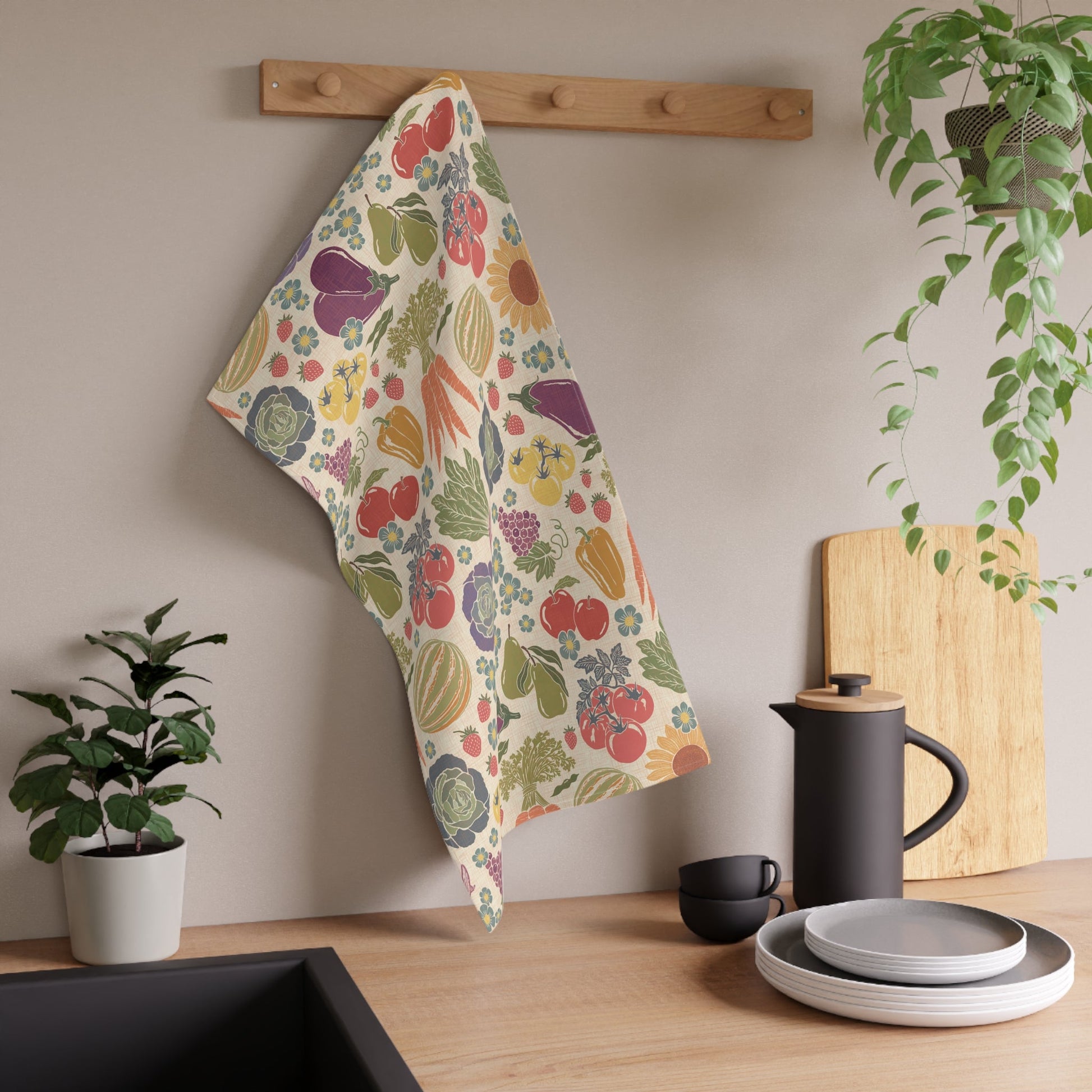 Farmers Market Bloom & Harvest Tea Towel with hand drawn artwork - Flourish Moon Studio
