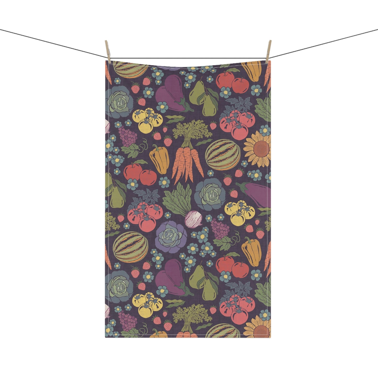 Farmers Market Bloom & Harvest Tea Towel Midnight with hand drawn artwork - Flourish Moon Studio