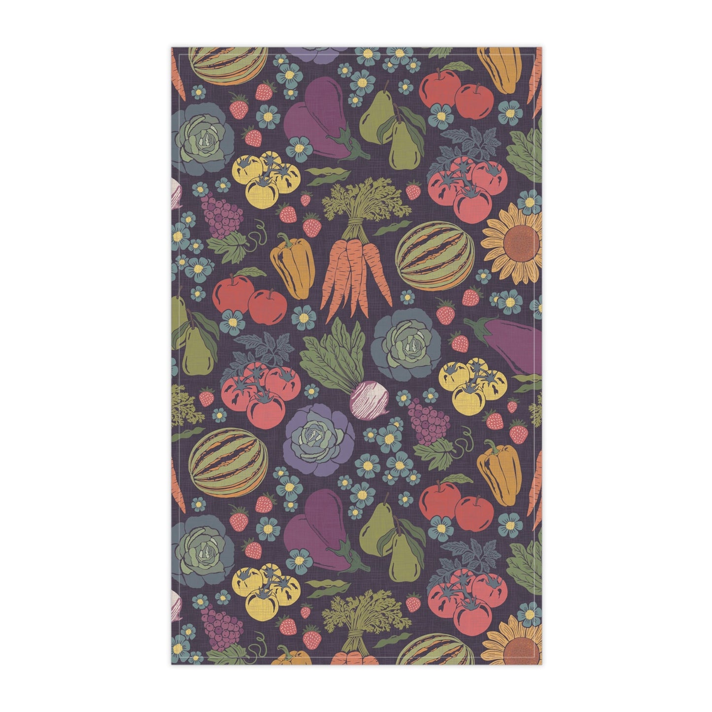 Farmers Market Bloom & Harvest Tea Towel Midnight with hand drawn artwork - Flourish Moon Studio