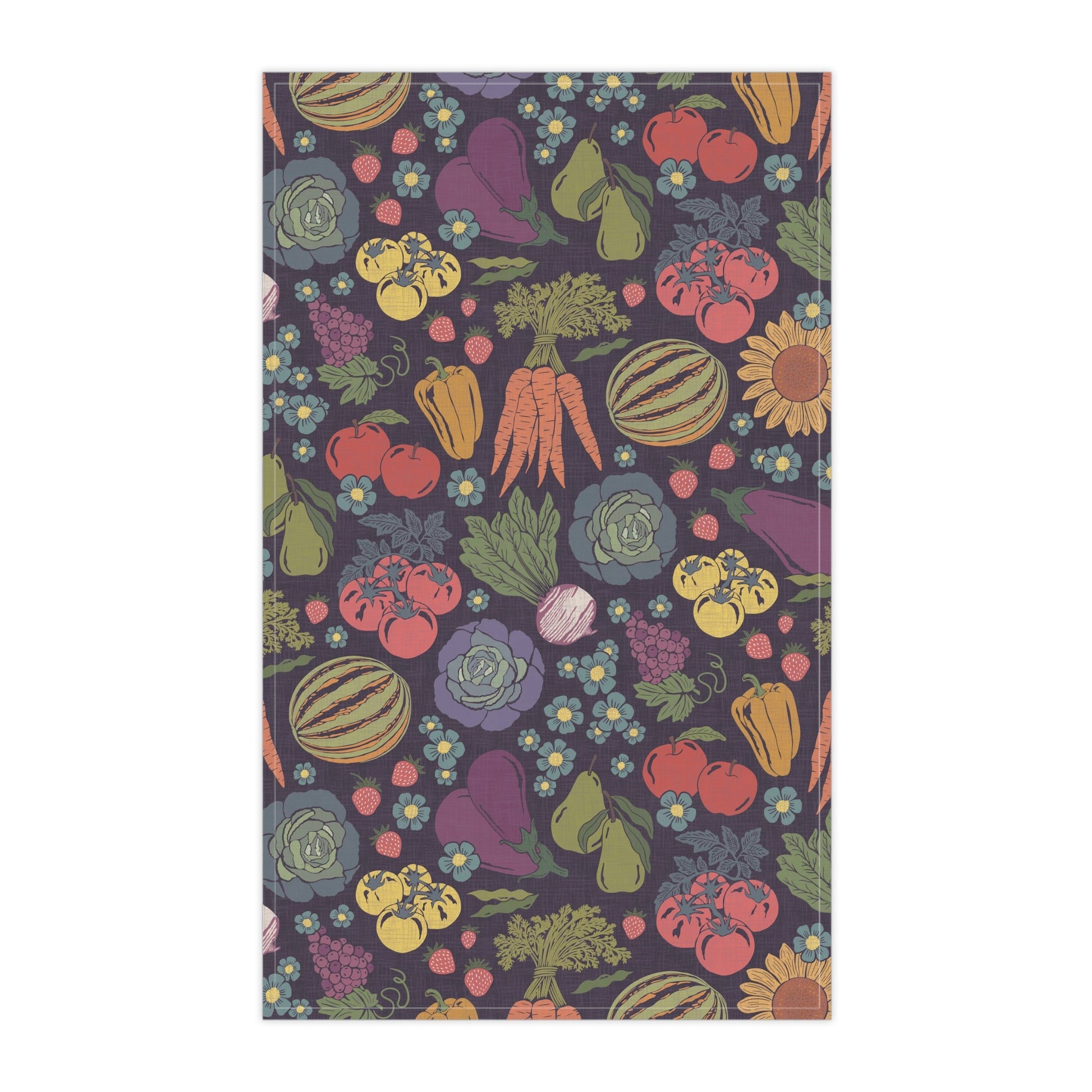 Farmers Market Bloom & Harvest Tea Towel Midnight with hand drawn artwork - Flourish Moon Studio