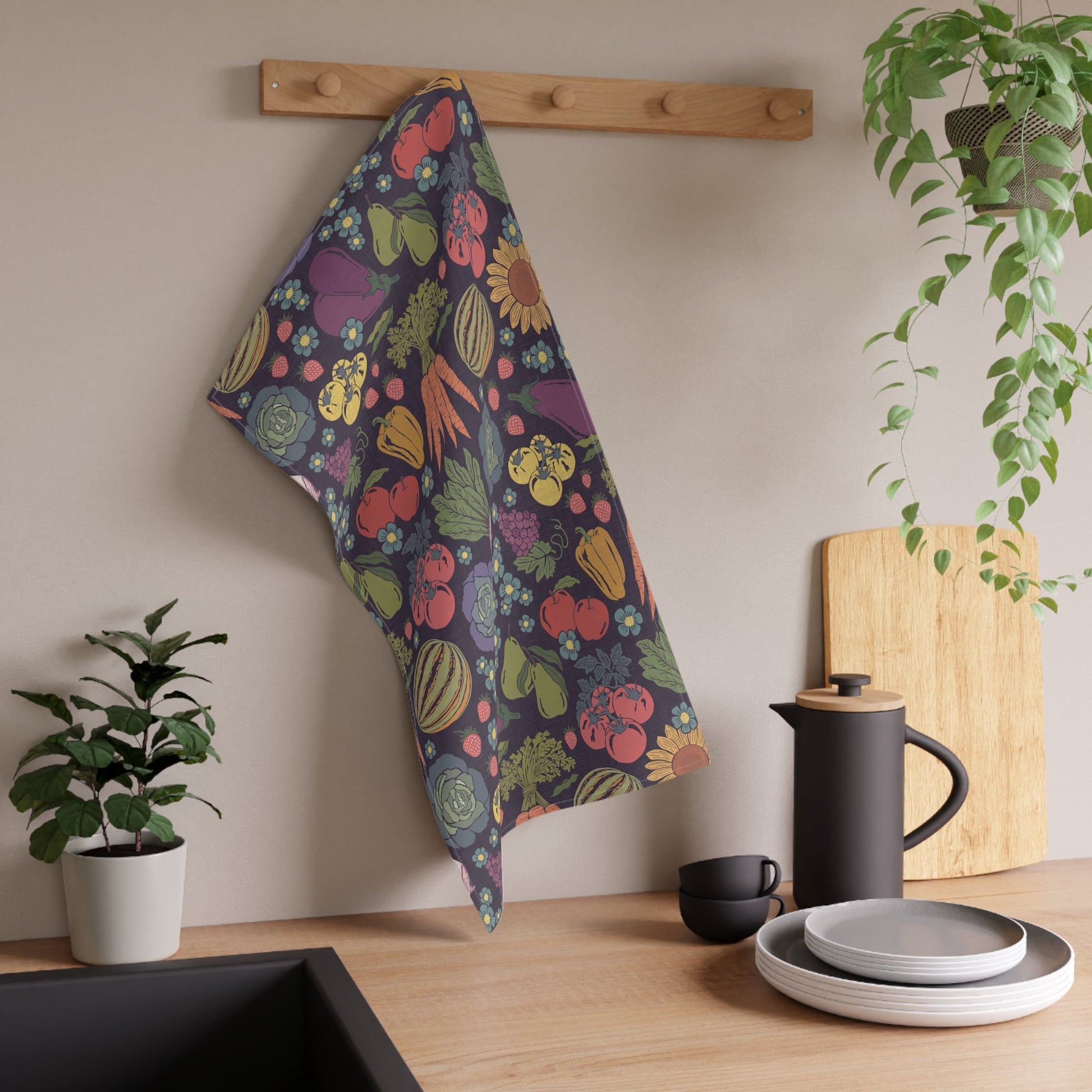 Farmers Market Bloom & Harvest Tea Towel Midnight with hand drawn artwork - Flourish Moon Studio