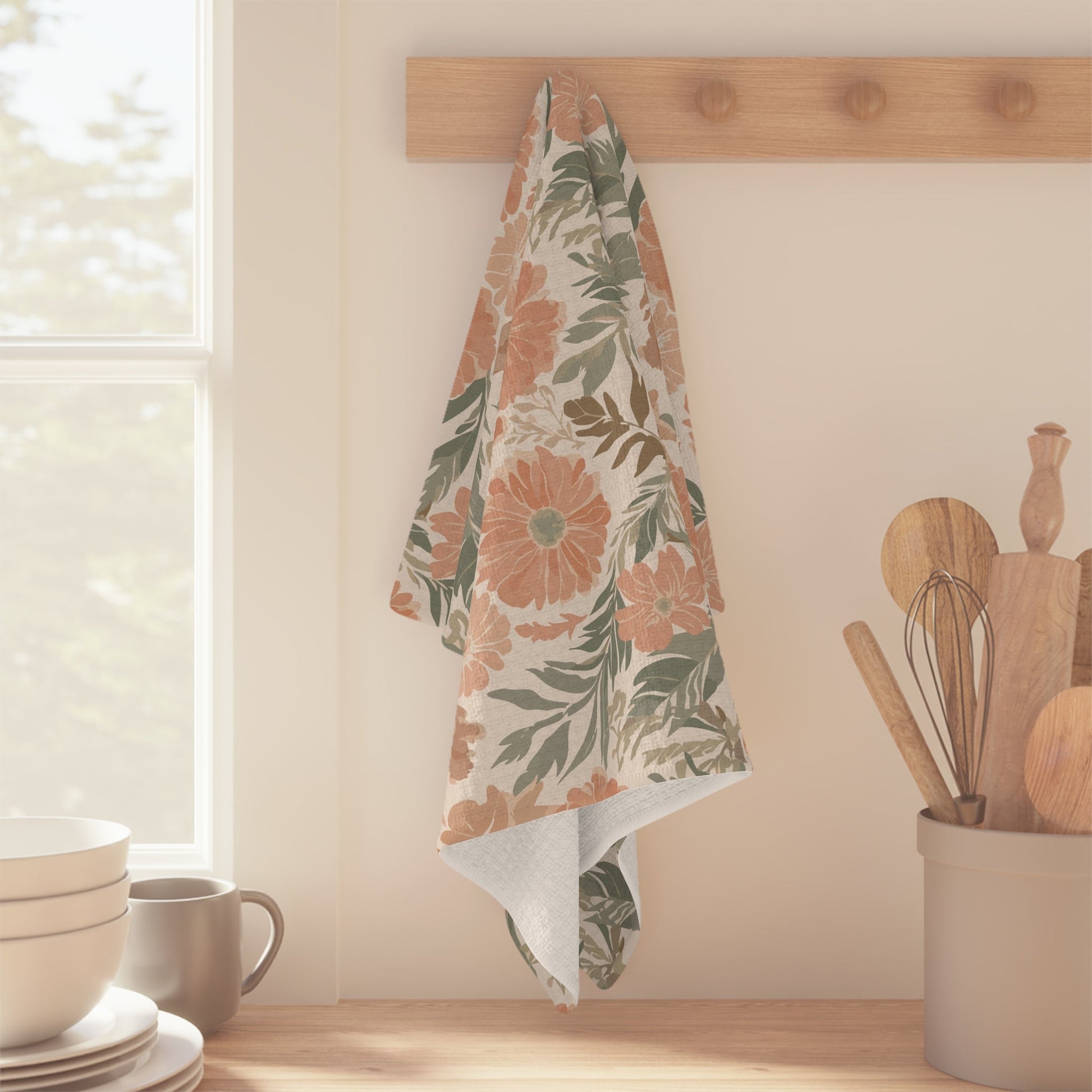 Floral Serenade Microfiber Waffle Kitchen Towel with hand - drawn artwork - Flourish Moon Studio