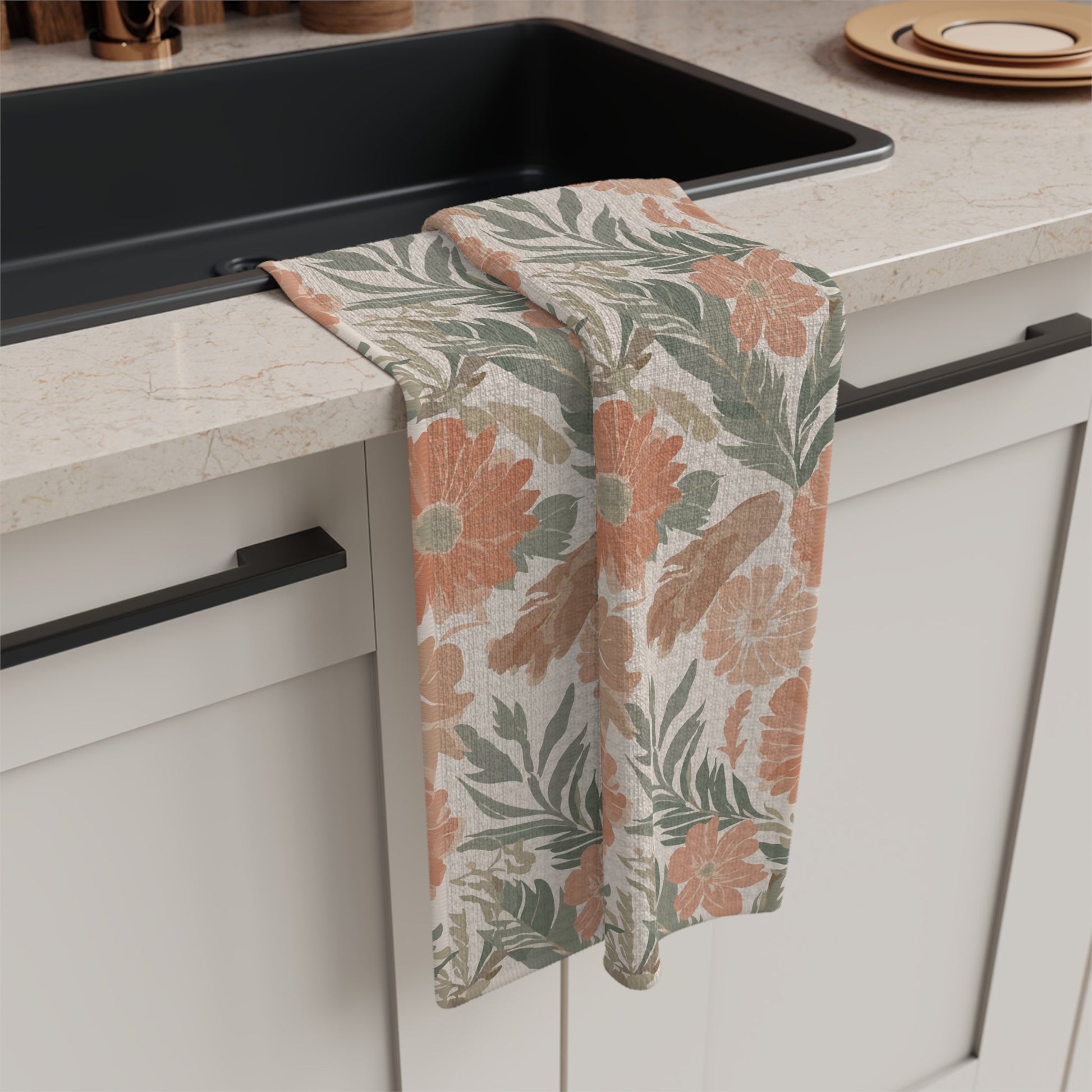 Floral Serenade Microfiber Waffle Kitchen Towel with hand - drawn artwork - Flourish Moon Studio
