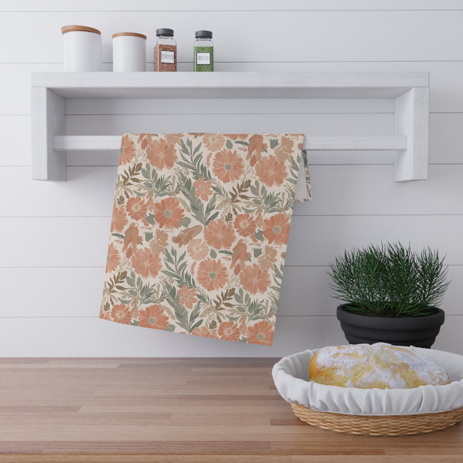 Floral Serenade Tea Towel with hand - drawn artwork - Flourish Moon Studio