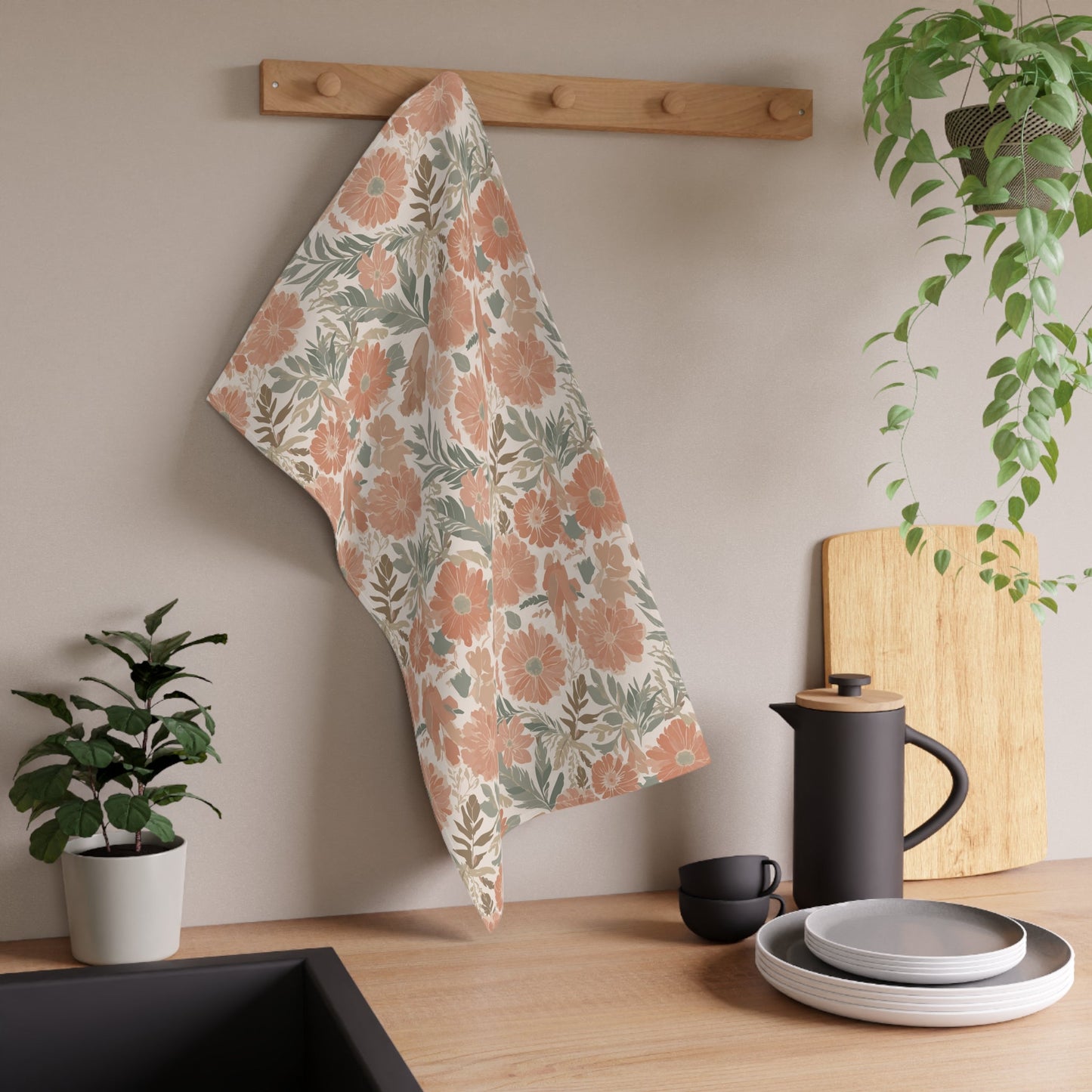 Floral Serenade Tea Towel with hand - drawn artwork - Flourish Moon Studio