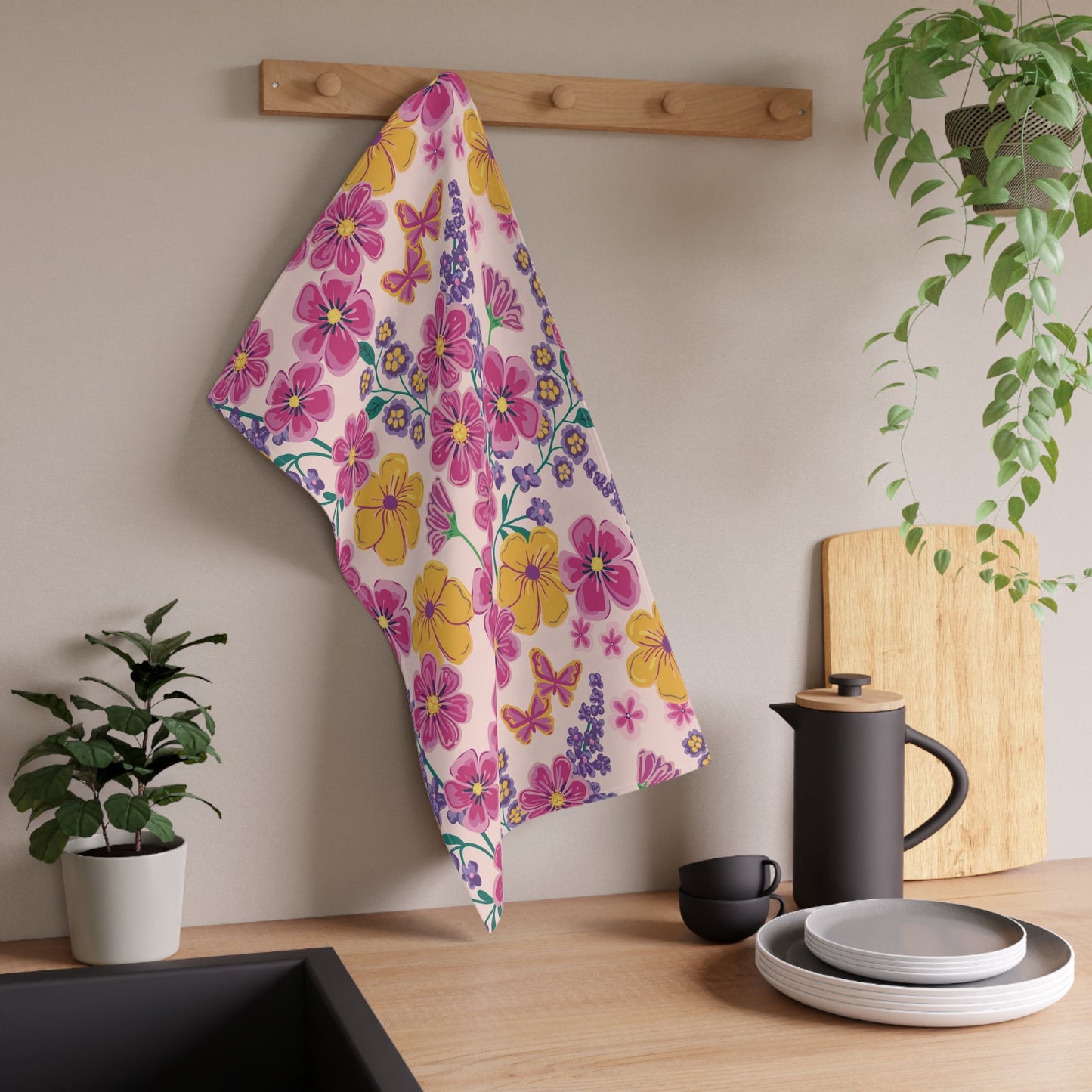 Garden Gala Day Tea Towel with hand - drawn artwork - Flourish Moon Studio