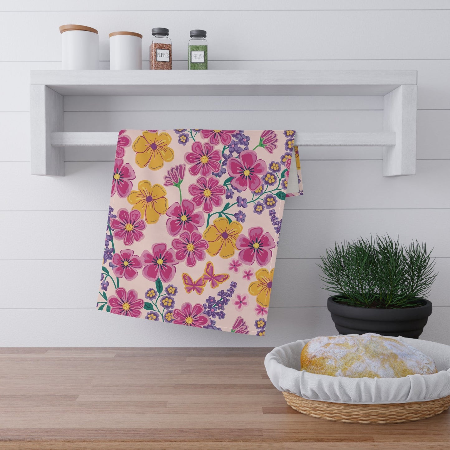 Garden Gala Day Tea Towel with hand - drawn artwork - Flourish Moon Studio