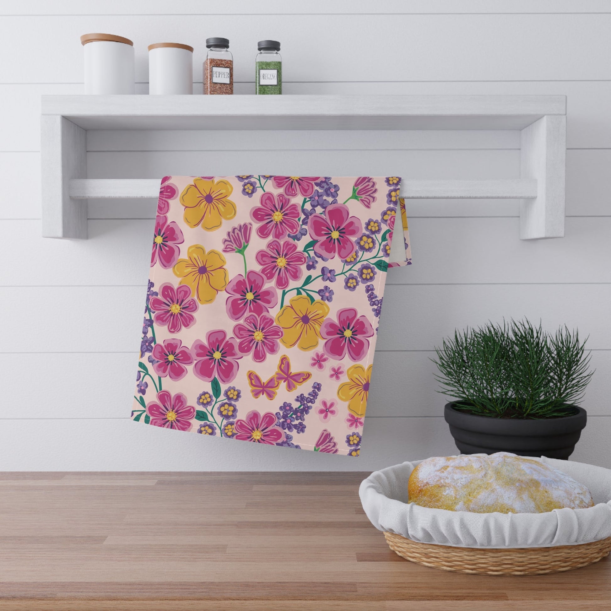 Garden Gala Day Tea Towel with hand - drawn artwork - Flourish Moon Studio