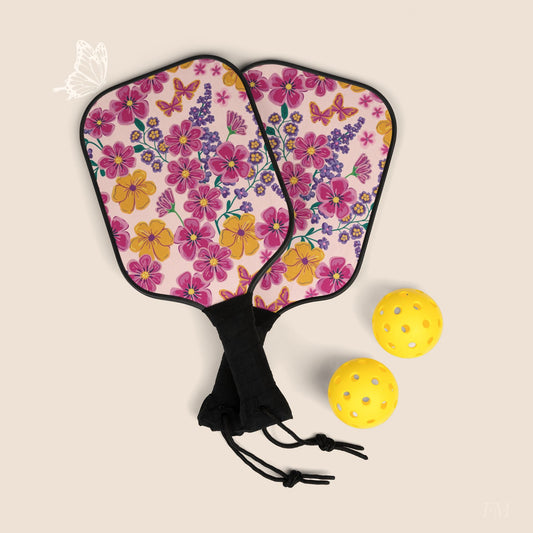 Garden Gala Floral Pickleball Paddles Set with hand drawn artwork - Flourish Moon Studio