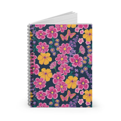 Garden Gala Midnight Floral Spiral Notebook with hand - drawn artwork - Flourish Moon Studio