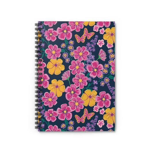 Garden Gala Midnight Floral Spiral Notebook with hand - drawn artwork - Flourish Moon Studio