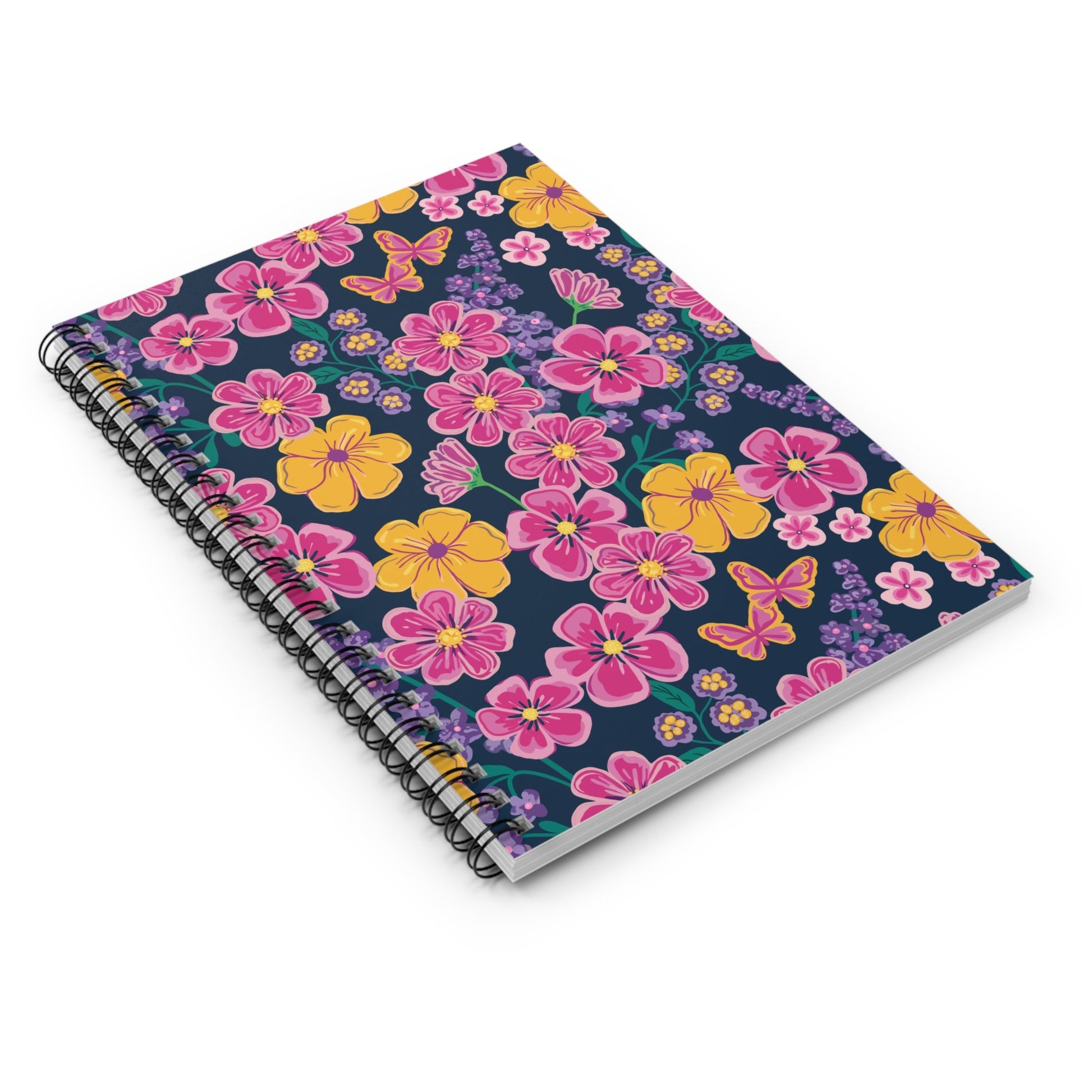 Garden Gala Midnight Floral Spiral Notebook with hand - drawn artwork - Flourish Moon Studio