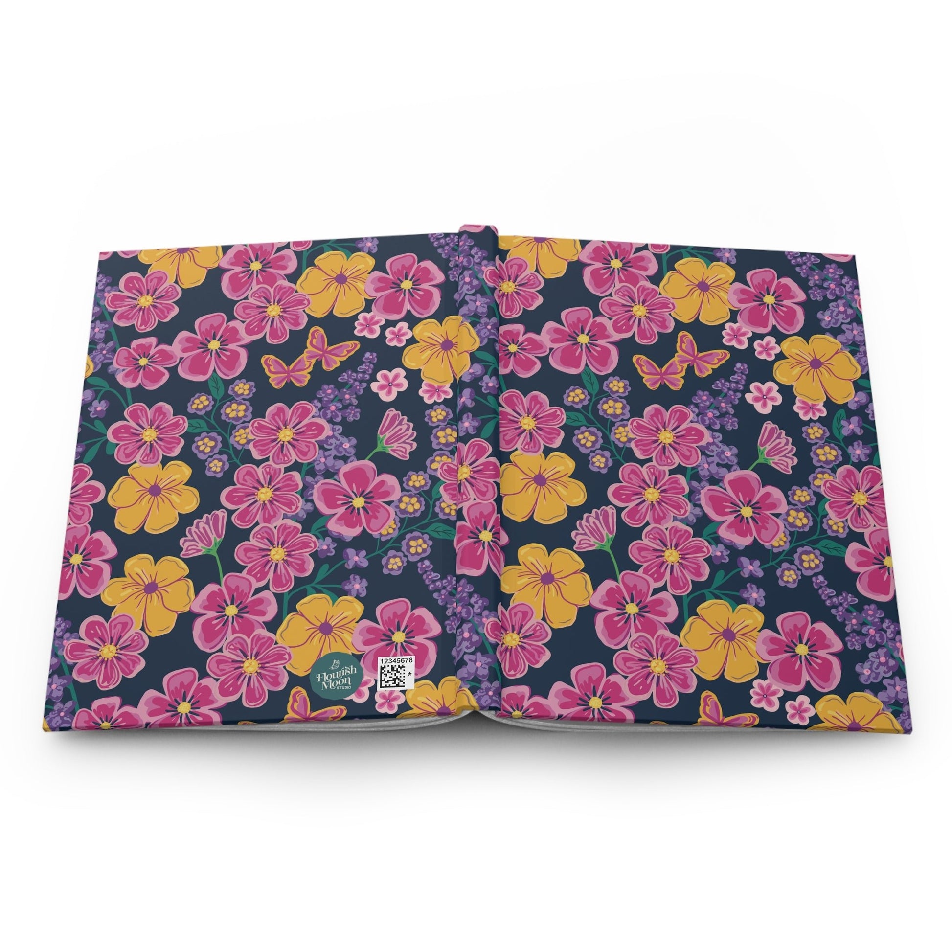 Garden Gala Midnight Hardcover Journal with hand - drawn artwork - Flourish Moon Studio