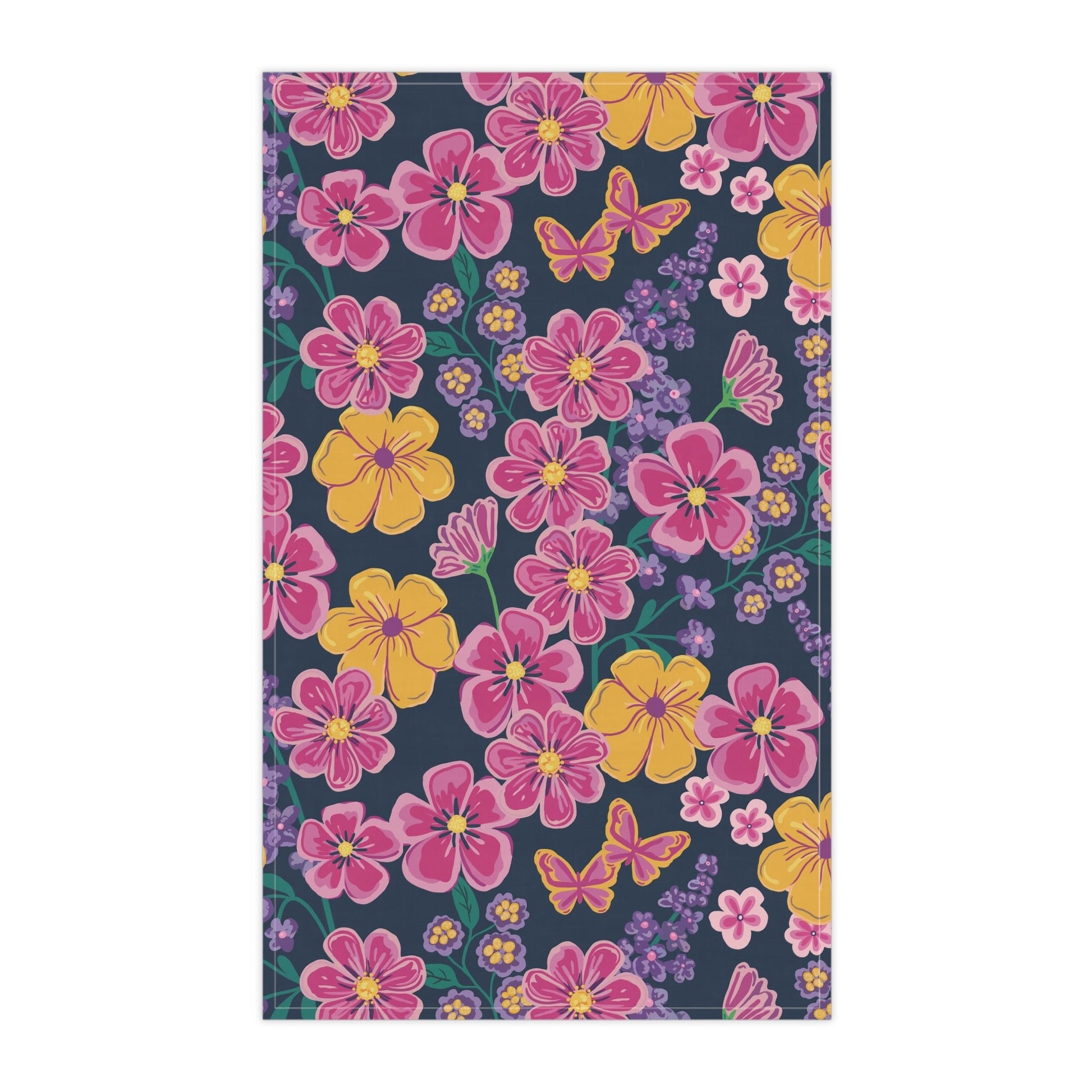 Garden Gala Midnight Tea Towel with hand - drawn artwork - Flourish Moon Studio