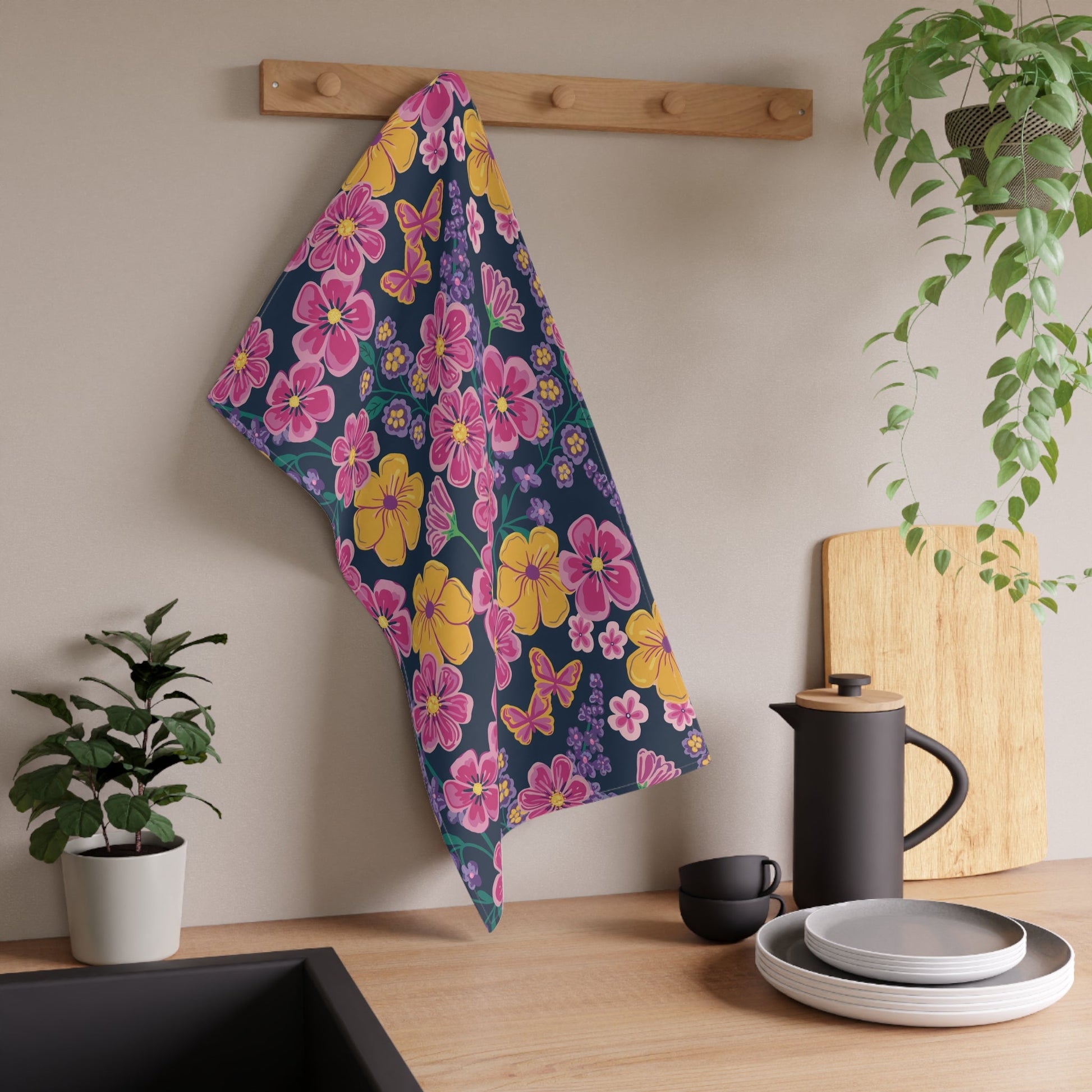 Garden Gala Midnight Tea Towel with hand - drawn artwork - Flourish Moon Studio