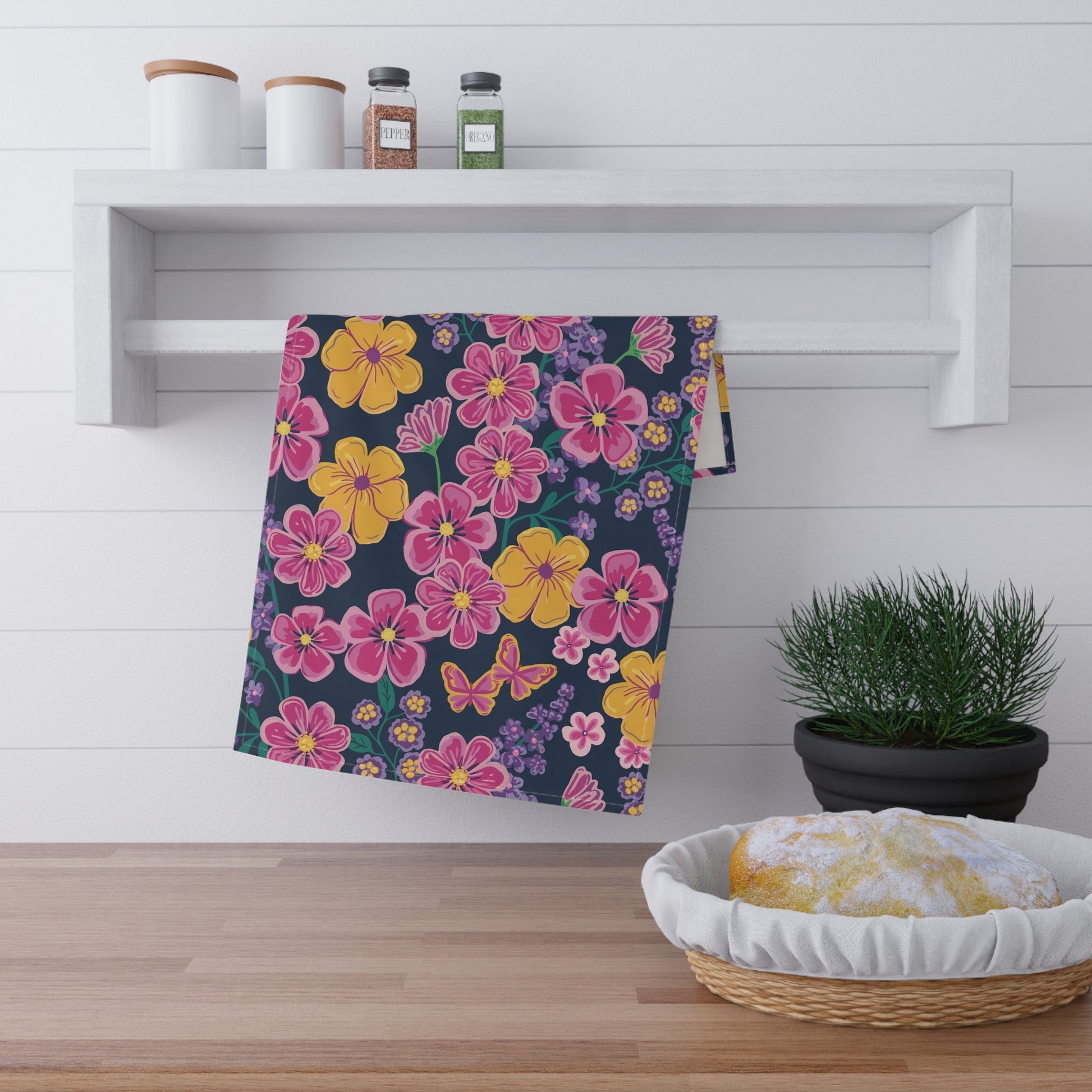 Garden Gala Midnight Tea Towel with hand - drawn artwork - Flourish Moon Studio