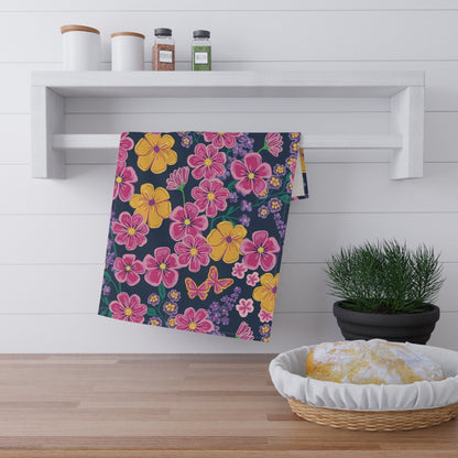Garden Gala Midnight Tea Towel with hand - drawn artwork - Flourish Moon Studio