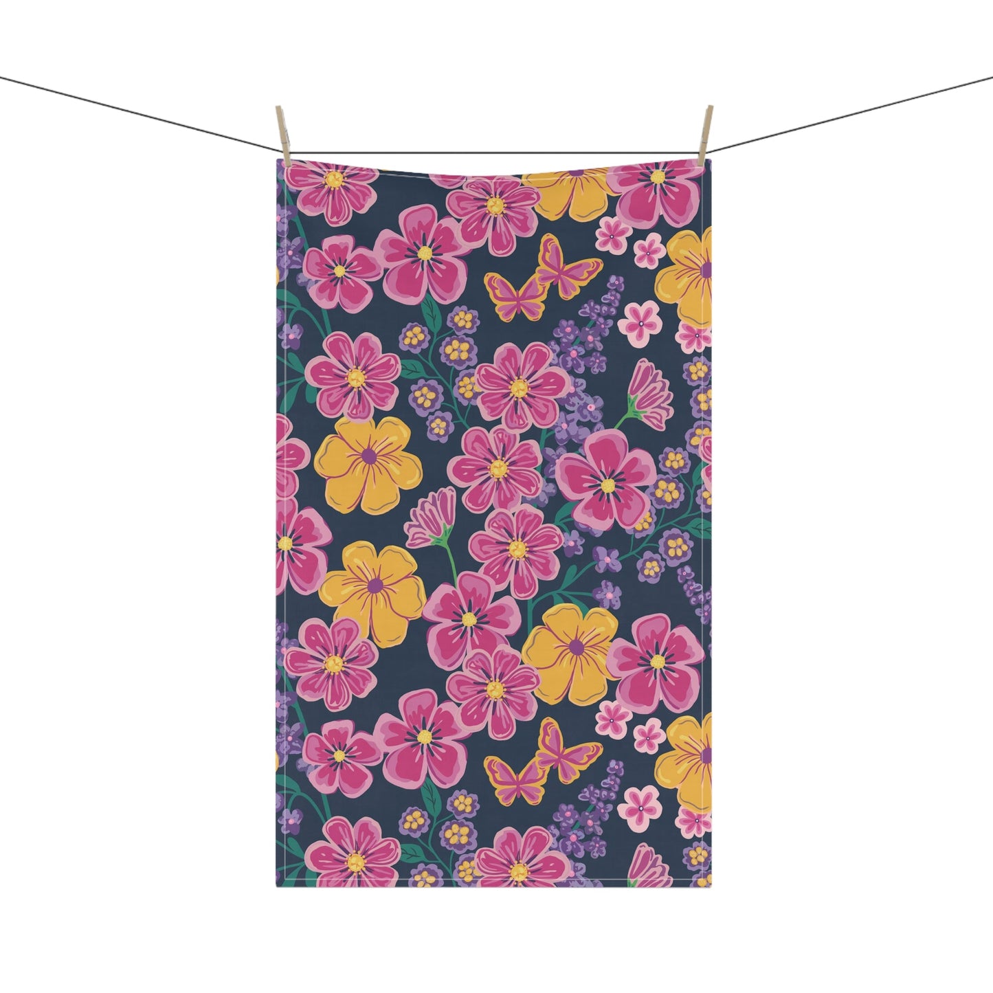 Garden Gala Midnight Tea Towel with hand - drawn artwork - Flourish Moon Studio