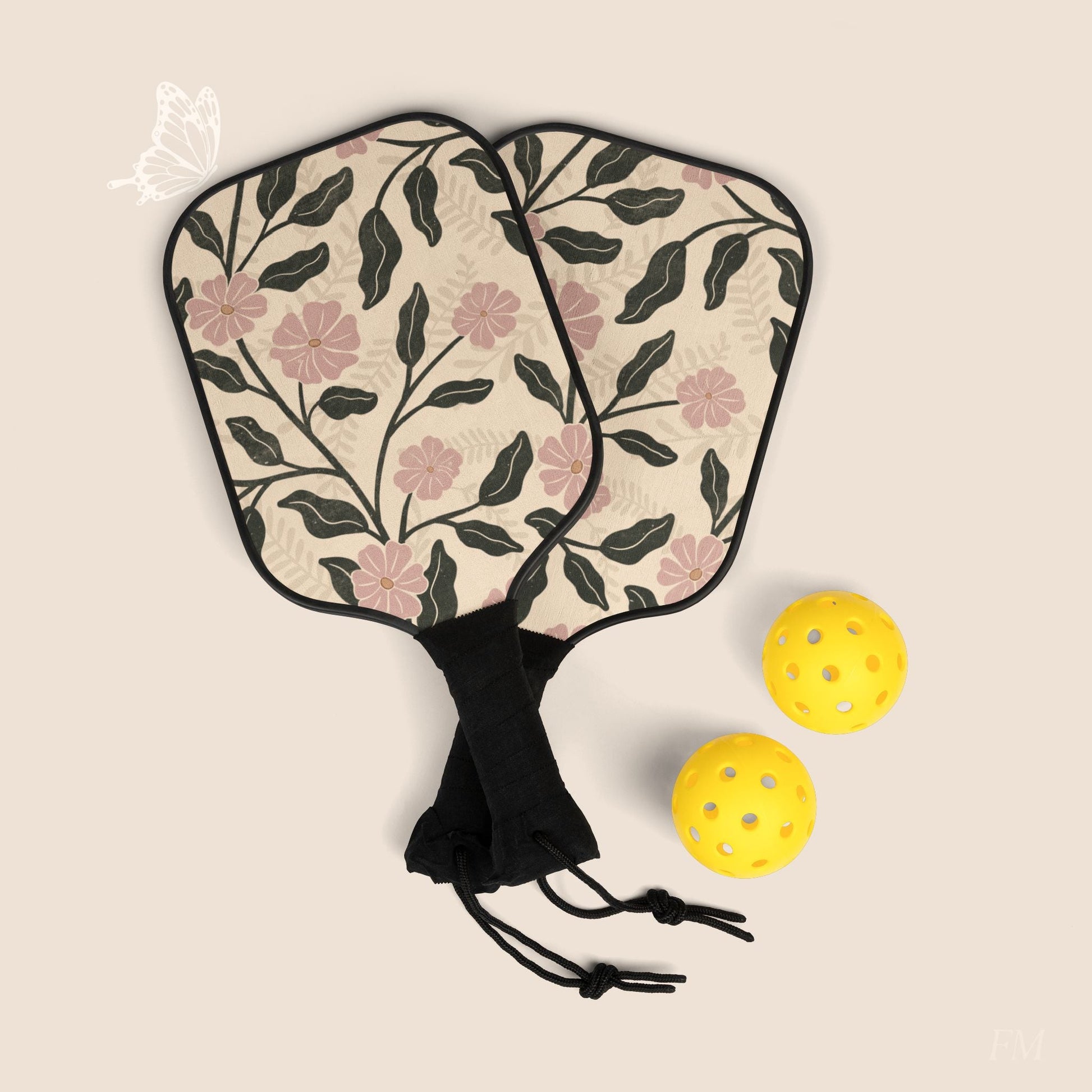 Garden Lane Floral Pickleball Paddles Set with hand drawn artwork - Flourish Moon Studio