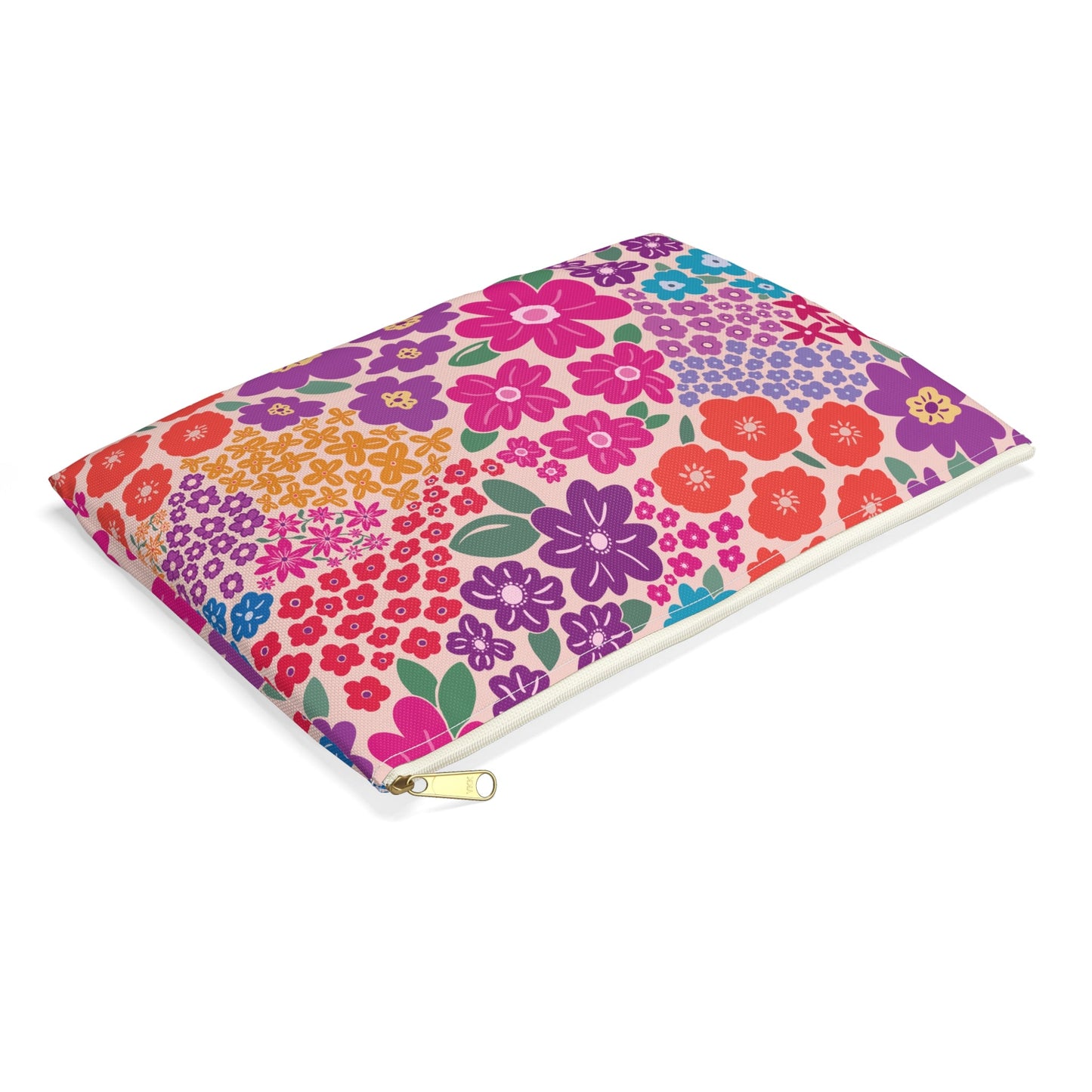 Garden Whimsy Bright Multicolor Floral Zipper Pouch with hand - drawn artwork - Flourish Moon Studio