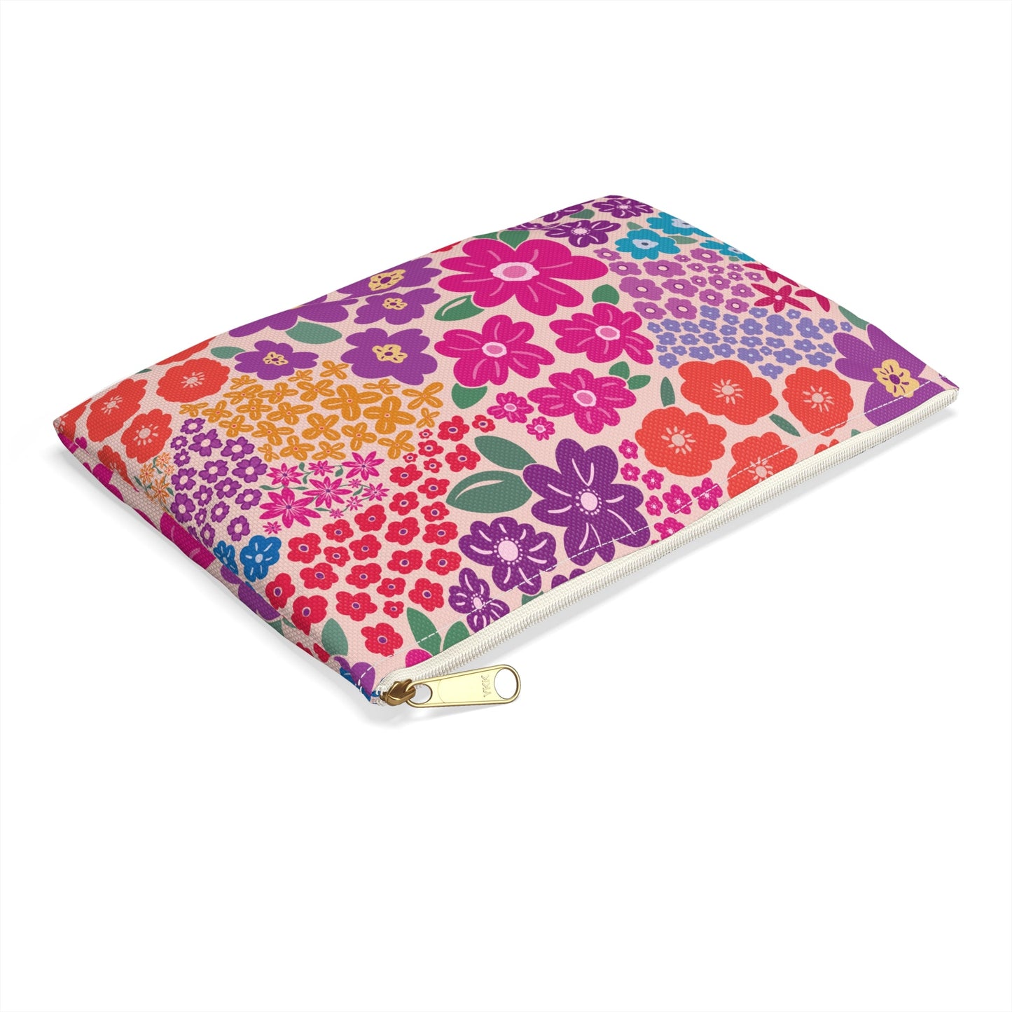 Garden Whimsy Bright Multicolor Floral Zipper Pouch with hand - drawn artwork - Flourish Moon Studio