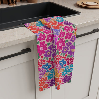 Garden Whimsy Floral in Bright Multicolor Microfiber Waffle Kitchen Towel with hand - drawn artwork - Flourish Moon Studio