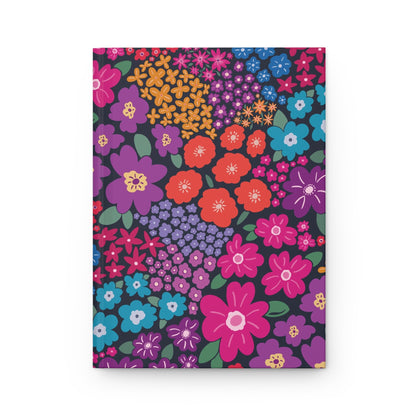 Garden Whimsy Floral in Bright Multicolor on Dark Hardcover Journal with hand - drawn artwork - Flourish Moon Studio