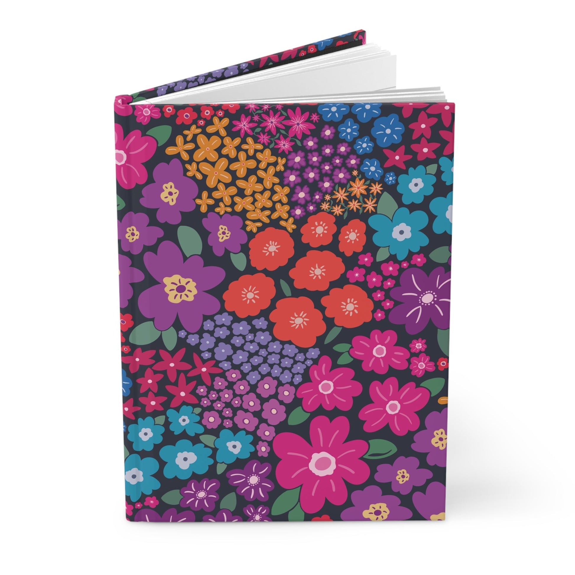Garden Whimsy Floral in Bright Multicolor on Dark Hardcover Journal with hand - drawn artwork - Flourish Moon Studio