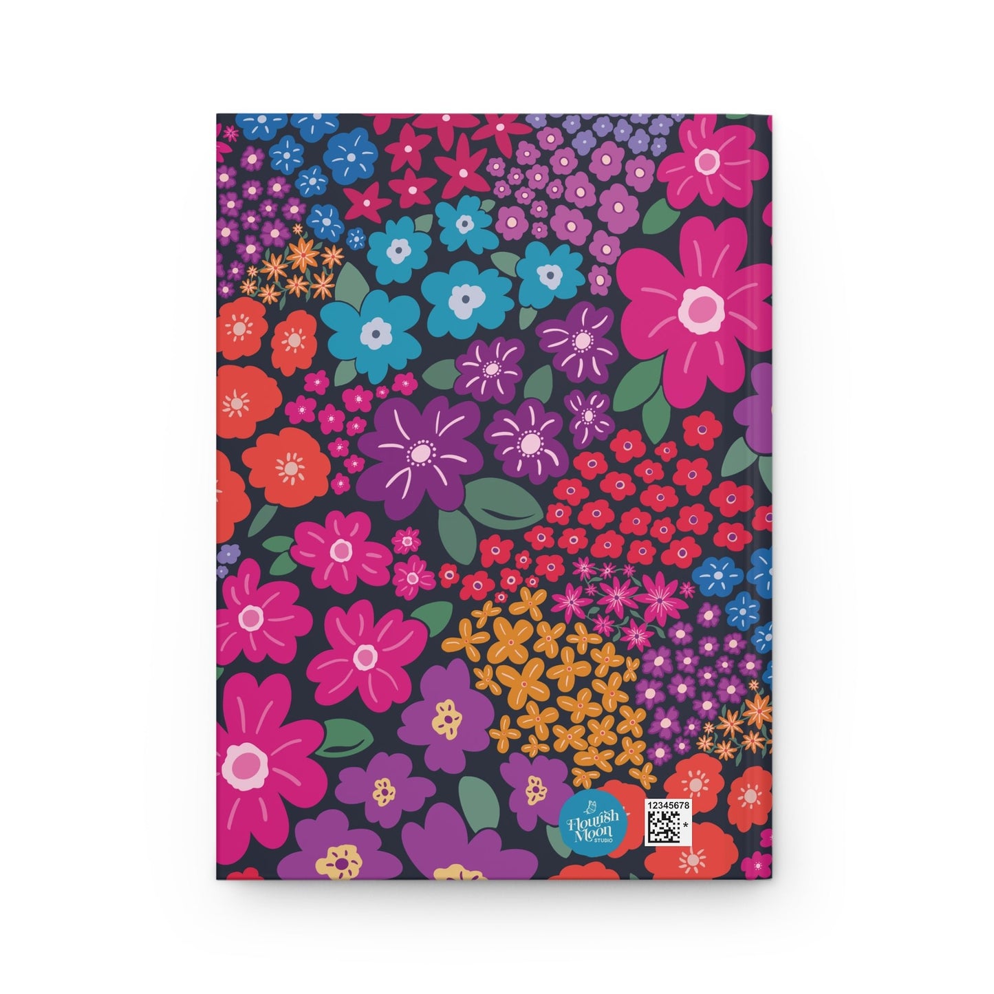 Garden Whimsy Floral in Bright Multicolor on Dark Hardcover Journal with hand - drawn artwork - Flourish Moon Studio