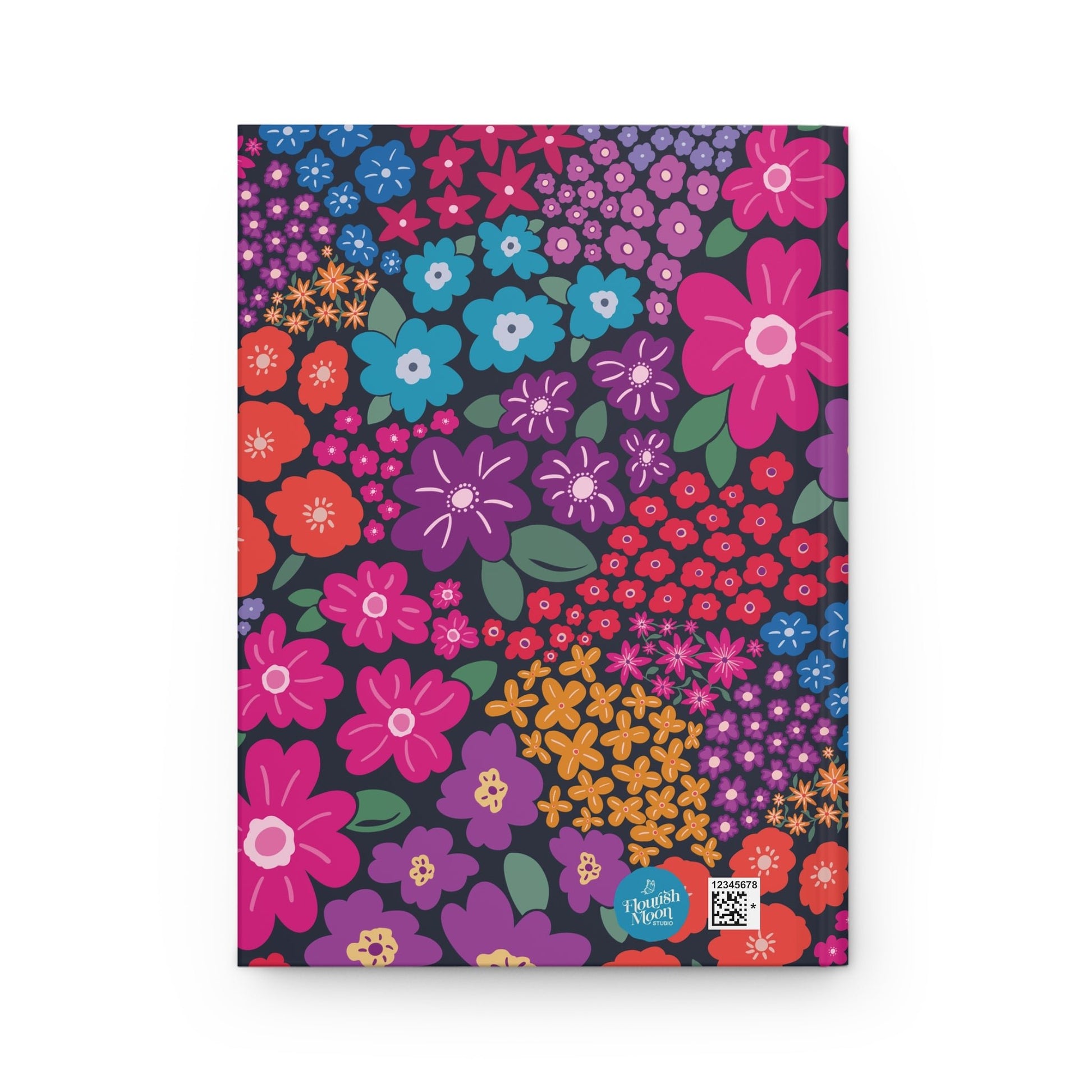 Garden Whimsy Floral in Bright Multicolor on Dark Hardcover Journal with hand - drawn artwork - Flourish Moon Studio