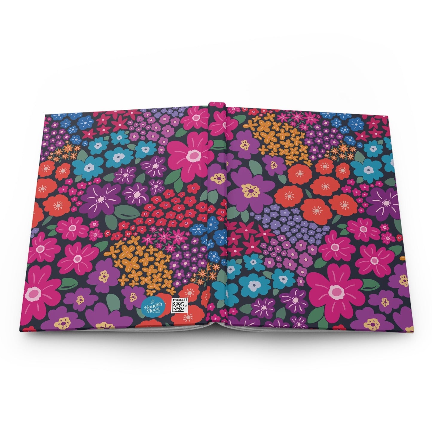 Garden Whimsy Floral in Bright Multicolor on Dark Hardcover Journal with hand - drawn artwork - Flourish Moon Studio