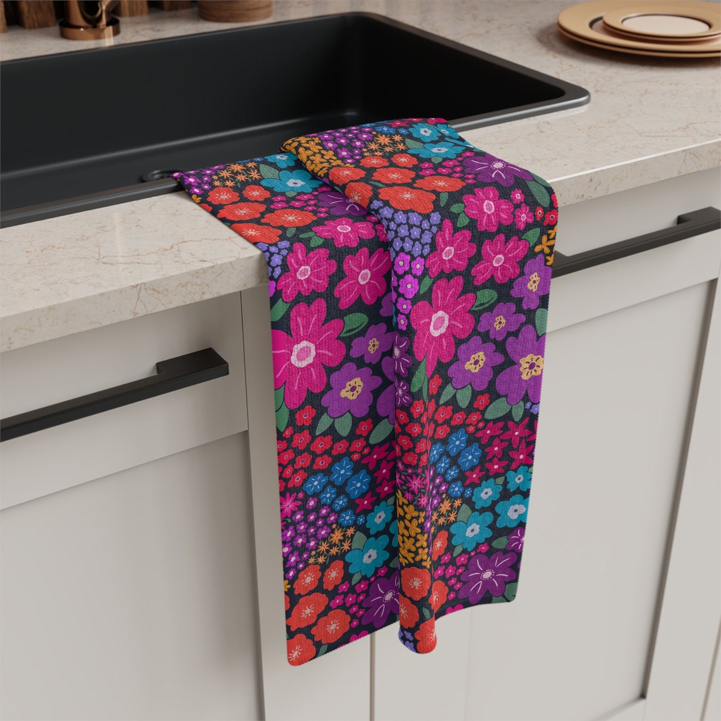 Garden Whimsy Floral in Bright Multicolor on Dark Microfiber Waffle Kitchen Towel - Flourish Moon Studio