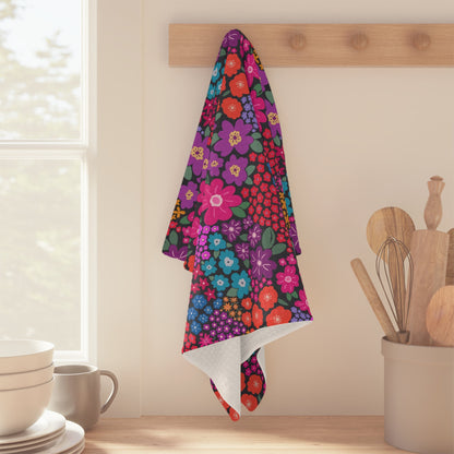 Garden Whimsy Floral in Bright Multicolor on Dark Microfiber Waffle Kitchen Towel - Flourish Moon Studio