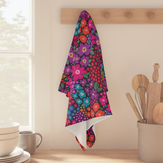 Garden Whimsy Floral in Bright Multicolor on Dark Microfiber Waffle Kitchen Towel - Flourish Moon Studio