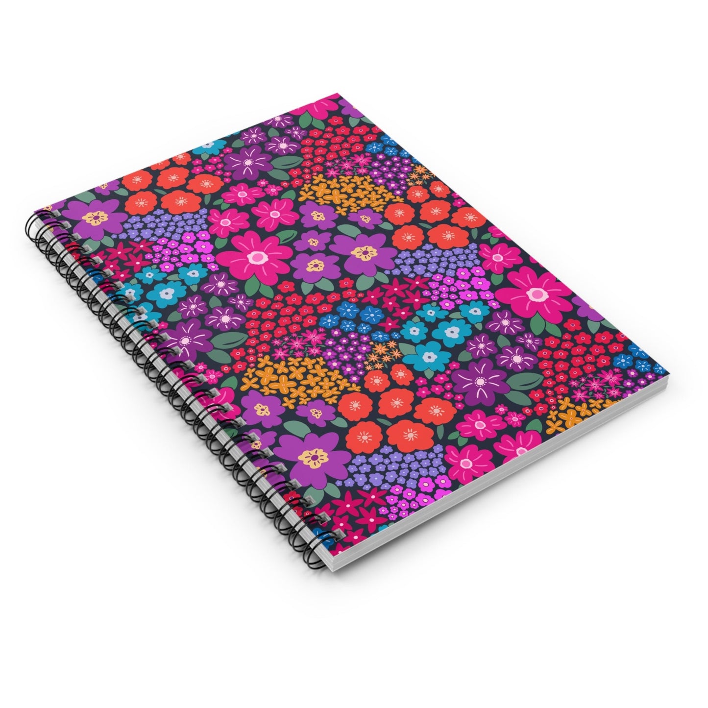 Garden Whimsy Floral in Bright Multicolor on Dark Spiral Notebook with hand - drawn artwork - Flourish Moon Studio