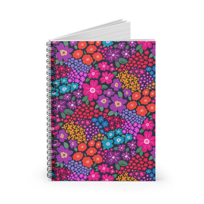 Garden Whimsy Floral in Bright Multicolor on Dark Spiral Notebook with hand - drawn artwork - Flourish Moon Studio