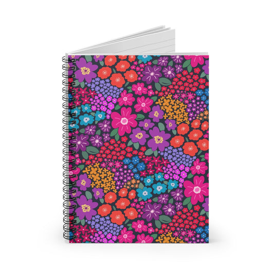 Garden Whimsy Floral in Bright Multicolor on Dark Spiral Notebook with hand - drawn artwork - Flourish Moon Studio