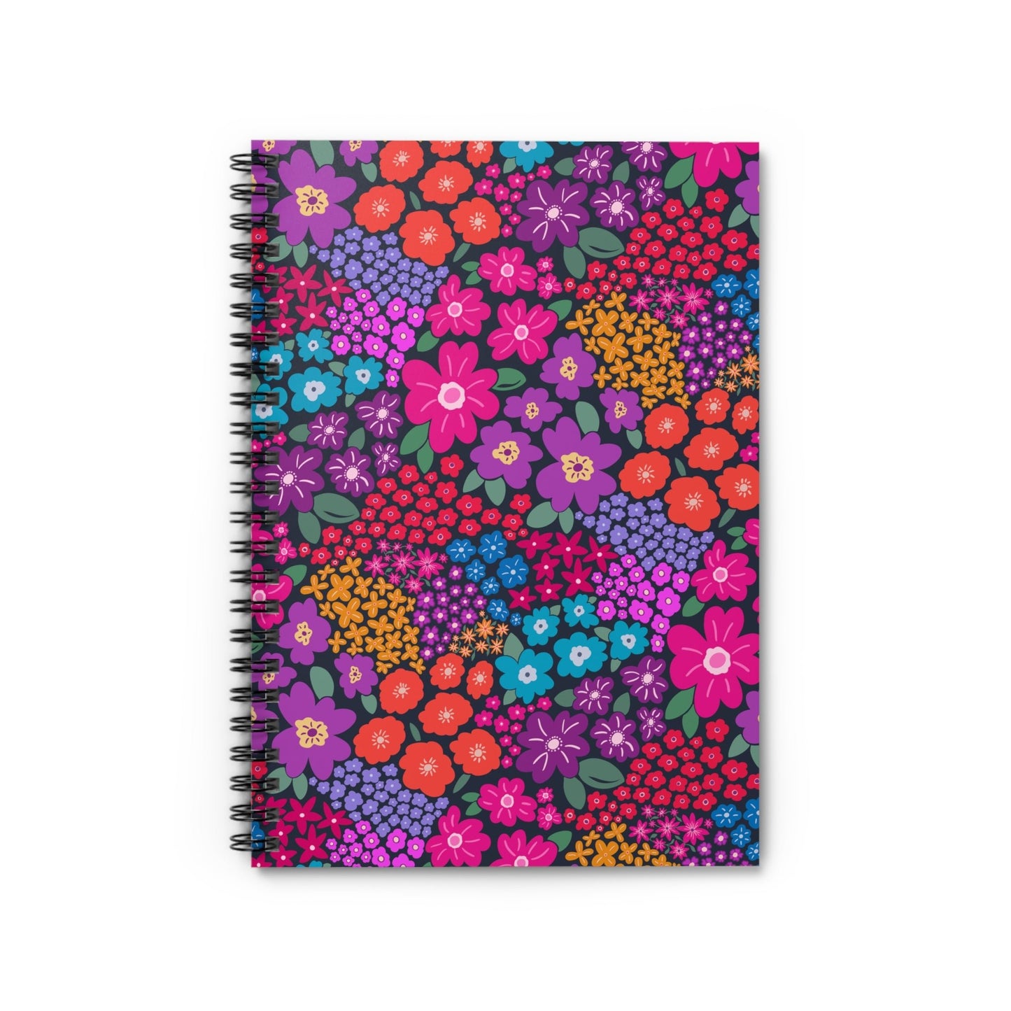 Garden Whimsy Floral in Bright Multicolor on Dark Spiral Notebook with hand - drawn artwork - Flourish Moon Studio