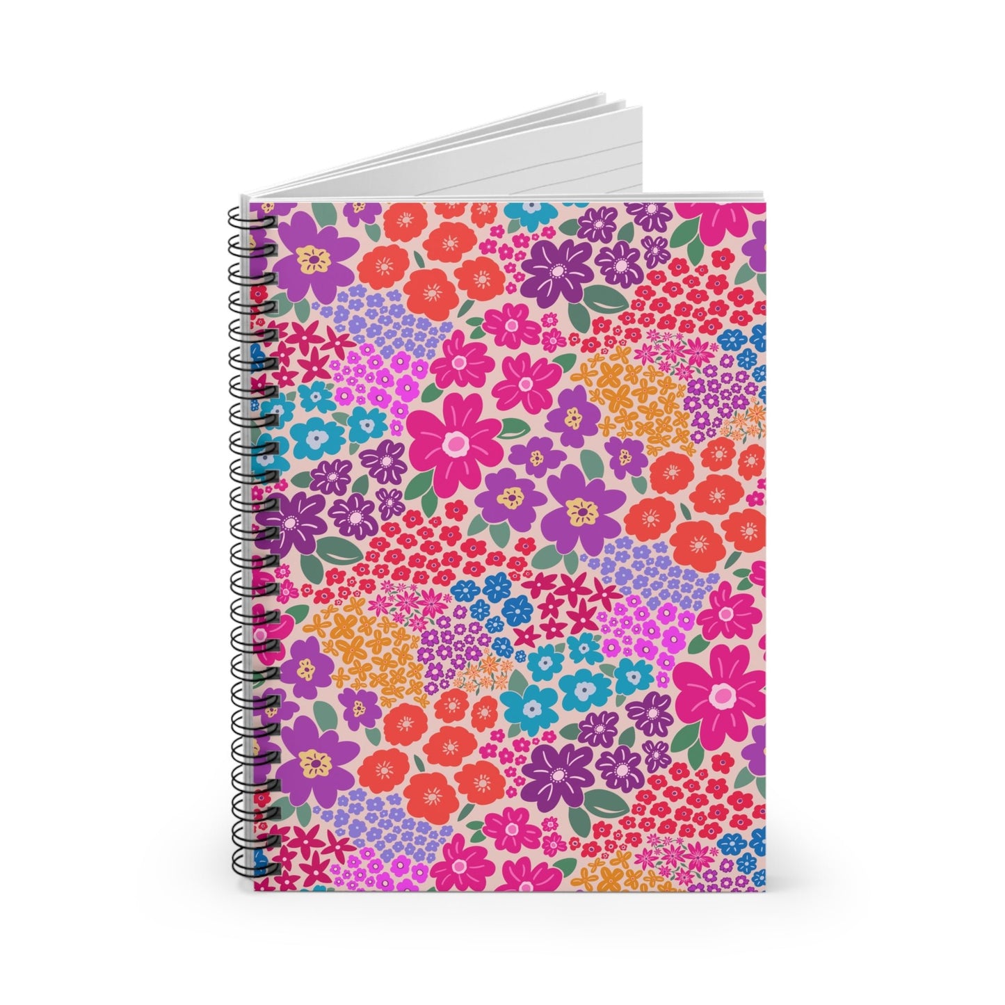 Garden Whimsy Floral in Bright Multicolor Spiral Notebook with hand - drawn artwork - Flourish Moon Studio