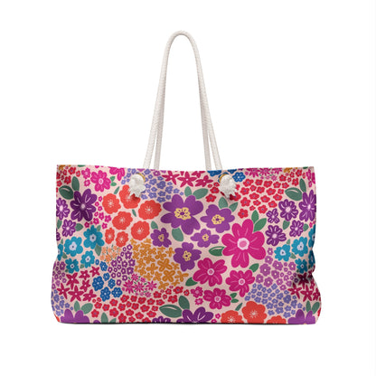 Garden Whimsy Floral in Bright Multicolor Weekender Bag with hand - drawn artwork - Flourish Moon Studio