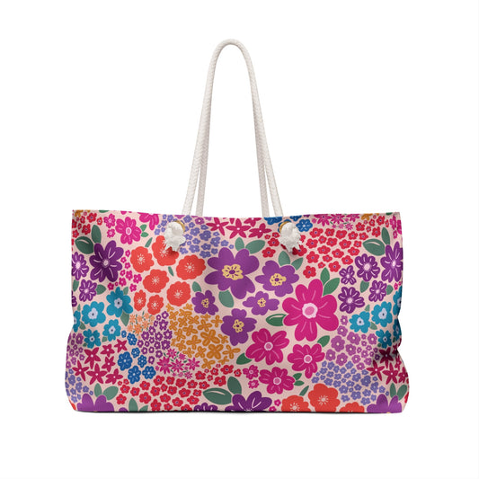 Garden Whimsy Floral in Bright Multicolor Weekender Bag with hand - drawn artwork - Flourish Moon Studio