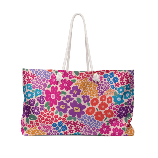 Garden Whimsy Floral in Bright Multicolor Weekender Bag with hand - drawn artwork - Flourish Moon Studio