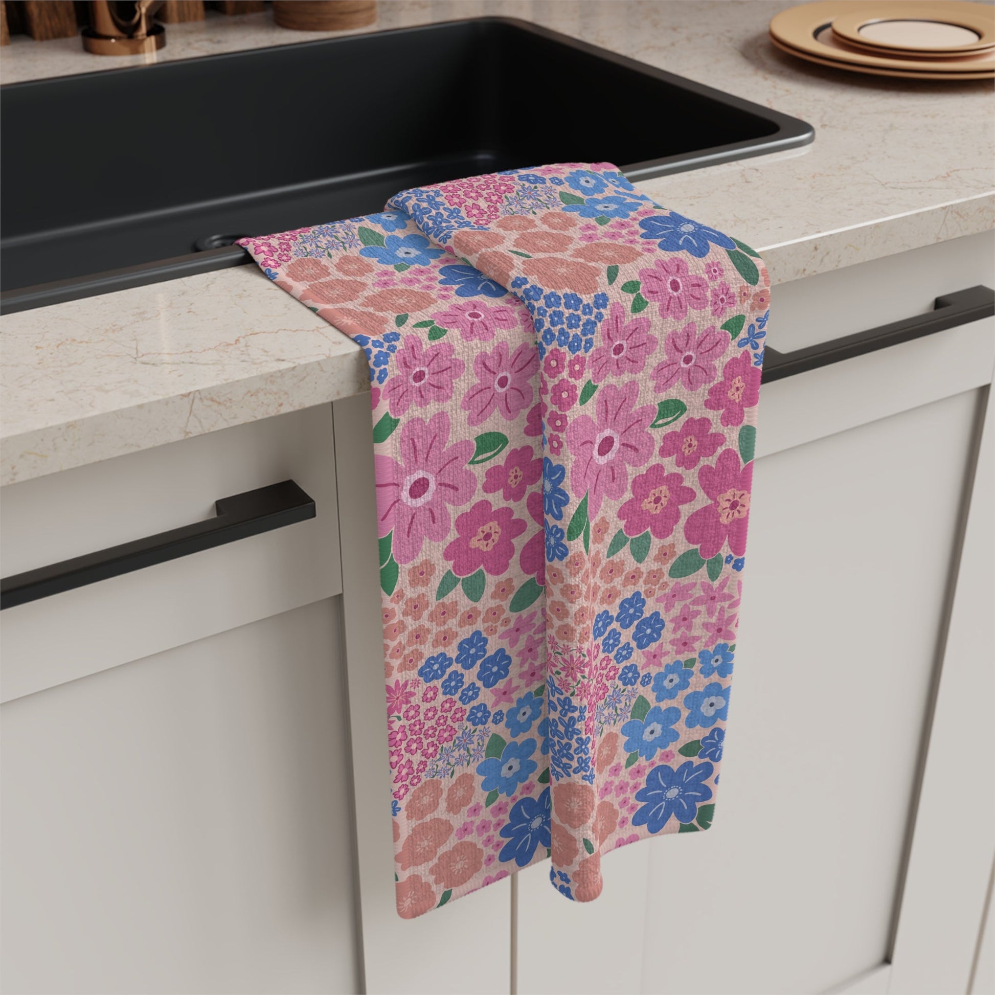 Garden Whimsy Floral in Cottage Pinks Microfiber Waffle Kitchen Towel with hand - drawn artwork - Flourish Moon Studio