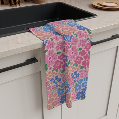 Garden Whimsy Floral in Cottage Pinks Microfiber Waffle Kitchen Towel with hand - drawn artwork - Flourish Moon Studio