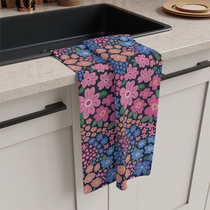 Garden Whimsy Floral in Cottage Pinks on Dark Microfiber Waffle Kitchen Towel - Flourish Moon Studio